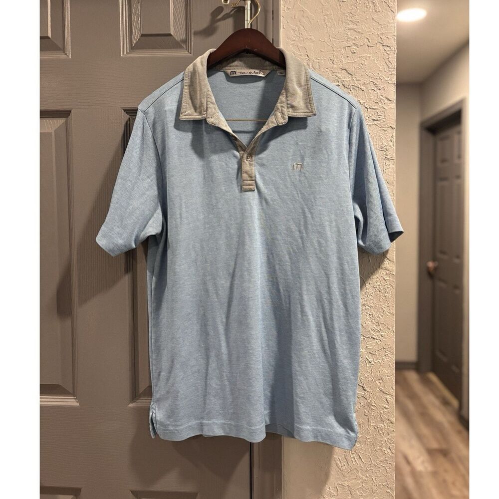 TravisMathew Men's M Blue/Gray Solid Polo Shirt Embroidered Logo Cotton Blend